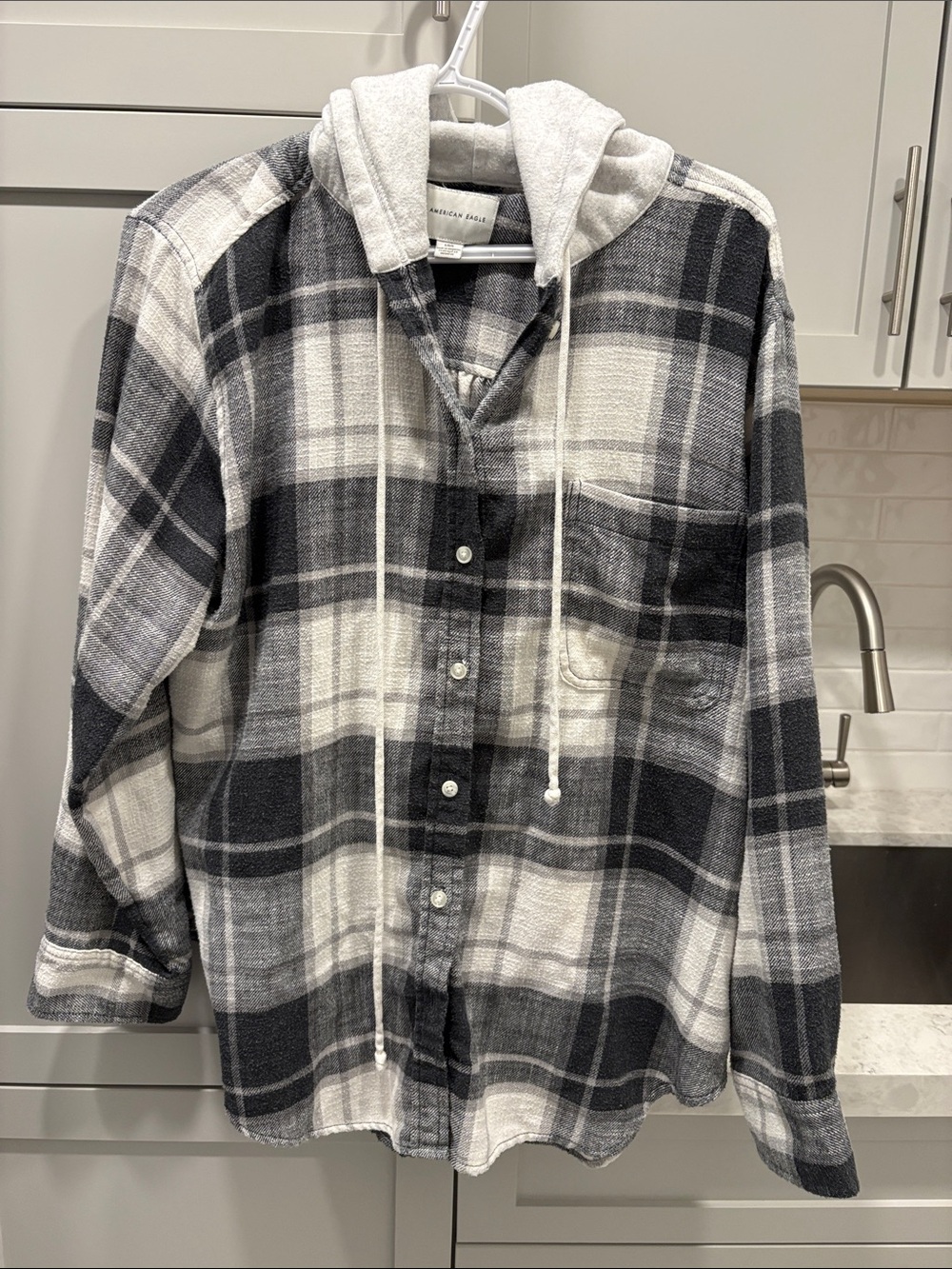 American Eagle Outfitters Black and White Plaid Button-Down Hoodie Shirt